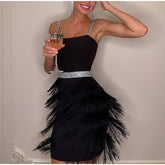 Off Shoulder Suspender Fringed Slim Dress Mssaz Desses