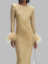 Long Sleeve Feathers Rhinestone Midi Dress Mssaz Desses