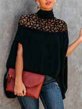 Hollowed Floral Embroidered Turtle-neck Short Sleeves Elegant Loose Fit T-shirt Mssza