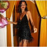 V-neck Sequined Tassel Backless Slim Nightclub Skirt Mssaz Desses