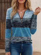 Printed Burnt Flower Pattern V Neck Zipper Splicing Long-Sleeved T-Shirt Mssza
