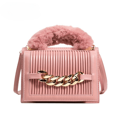 Savvy Red Woman Shoulder Bag Pu Leather Stripe Metal Chain Tote Bag Winter Plush Chic Bags Mssza
