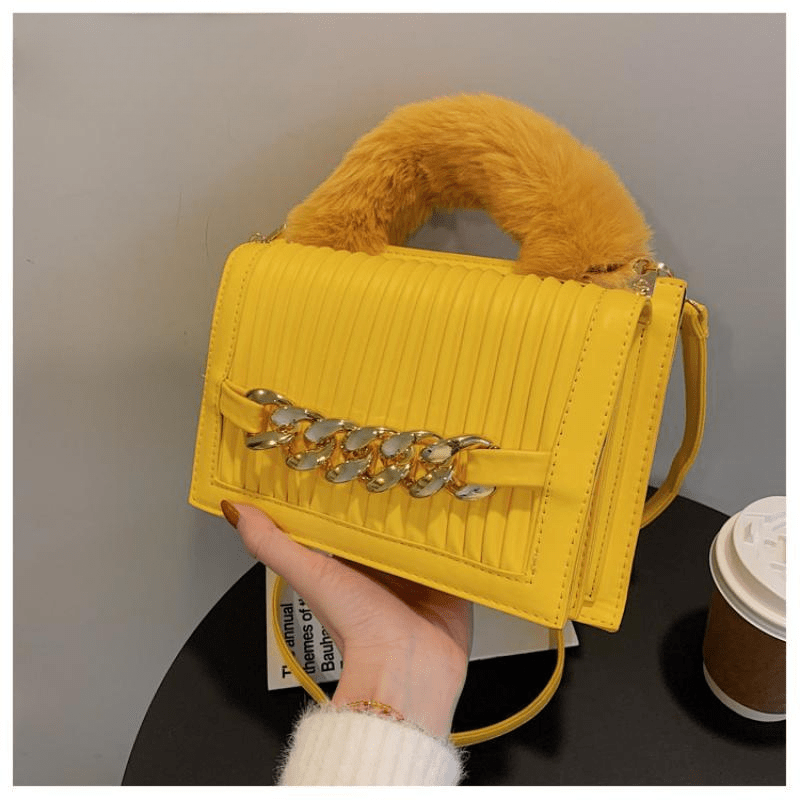Savvy Red Woman Shoulder Bag Pu Leather Stripe Metal Chain Tote Bag Winter Plush Chic Bags Mssza