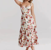 Flower Print Corset Style Ruffles Hem Midi Dress Mssaz Desses
