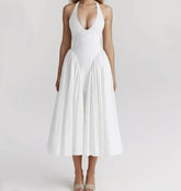 White Bow Halter Neck Pleated Midi Dress Mssaz Desses