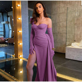Solid Satin Asymmetric Slit Long Sleeve Dress Mssaz Desses