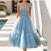 One Shoulder Tulle Mesh Evening Party A-Line Tutu Dress Mssaz Desses