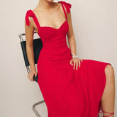 Solid Red Tie Bow Strap Midi Dress Mssaz Desses