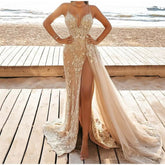Sleeveless V-Neck Slit Lace Cutout Long Dress Mssaz Desses
