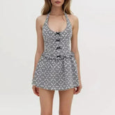 Gray Embroidery White Flower Bow Halter Mini Dress Mssaz Desses