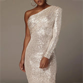 Shiny Short Long Sleeve Loose Club Party Elegant One Shoulder Wrap Chest Evening For Dress Mssaz Desses