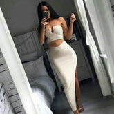 Deep V-Neck Crop Tops +Long Split Bodycon Dress 2Piece Set Mssza