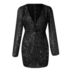 Deep V Neck Sequin Puff Long Sleeve High Waist Slim Mini Pencil Elegant Party Evening Dress Mssaz Desses