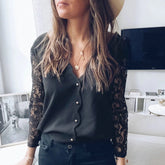 Elegant V-neck Lace Long Sleeve Chiffon Shirt Mssza
