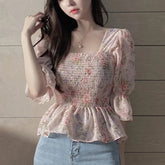 Flare Sleeve Floral Casual Chiffon Blouse Mssza