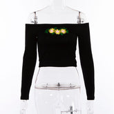 Off Shoulder Cropped Top chrysanthemum Long Sleeve T Shirt Mssza
