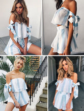 Off Shoulder Striped Bow Sleeve Tops Mssza