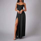 Spaghetti Straps Satin Maxi High Side Slit Backless Prom Dress Mssaz Desses