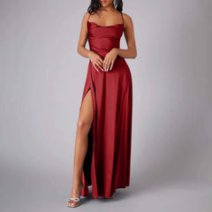 Spaghetti Straps Satin Maxi High Side Slit Backless Prom Dress Mssaz Desses