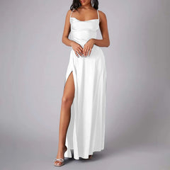 Spaghetti Straps Satin Maxi High Side Slit Backless Prom Dress Mssaz Desses