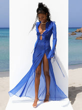 V neck Perspective Ruffle Drawstring Tight Maxi Dresses Mssaz Desses