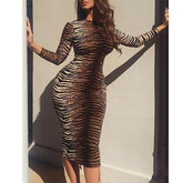 Zebra Print Bodycon Long Sleeve Dress Slim Fit Night Clum Party Dress Autumn tight midi vestidos streetwear Mssaz Desses
