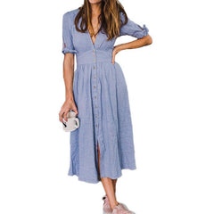 V neck plunge dress Side slit button up dress bohemian dress midi vestidos mujer Mssaz Desses