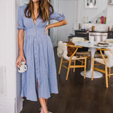 V neck plunge dress Side slit button up dress bohemian dress midi vestidos mujer Mssaz Desses