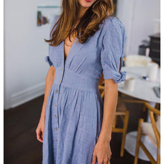 V neck plunge dress Side slit button up dress bohemian dress midi vestidos mujer Mssaz Desses