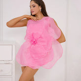 Oblique Shoulder Decorative Flower Solid Mini Dress Mssaz Desses