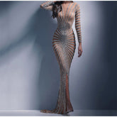 Mesh Sequins Split Fishtail V Neck Long Sleeve Maxi Dress Mssaz Desses