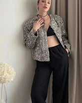Silver Sequin Embellished Round Neck Short Coat Mssaz Desses