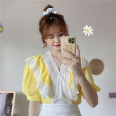 Short Puff Sleeve Lace Patchwork Blouse Mssza