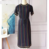Short Sleeve Top + Line Stripe Knitting Skirt Suit Mssza