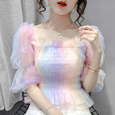 Slash neck rainbow mesh puff sleeve sweet shirt Mssza