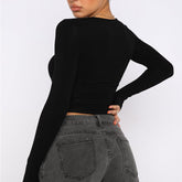 Slim Cropped Tops Solid Color Round Neck Long Sleeve Show Navel TShirt Mssza