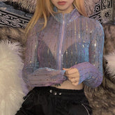 Slim streetwear transparent personality Flash sequins crop top Mssza