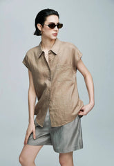 Small Gold Buttons Collared Short-Sleeved With Pocket Loose Linen Shirt Mssza