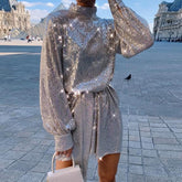 Solid Ong Sleeve Sequined Dress High Neck Casual Loose High Waist Sequins Dress Streetwear Party Dresses Mssaz Desses