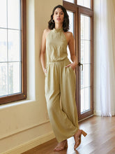 Solid Open Back Tie Stand Collar Wide Leg Jumpsuit Mssza