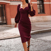 Solid Puff Sleeve Midi Dress Strapless Long Sleeve Dress Mssaz Desses