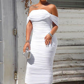 Solid White Ruched Mini Dress Off Shoulder Party Dress Elegant Office Ladies Formal Celebrate Bodycon Midi Dresses Mssaz Desses