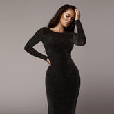 Sparkly long sleeve dress Autumn knee slim fit pencil dresses Glitter o neck bodycon dress shinny club party vestidos Mssaz Desses