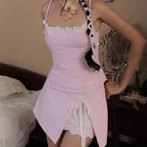 Spliced Embroidery Lace Camis Top And Low Waist Slit Mini Skirt 2 Pieces Set Mssza