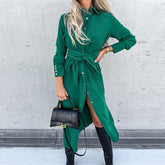 Slim Lace Up Long Sleeve Turn Down Collar Maxi Dress Mssaz Desses