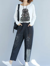 Star Embroidery Stripe Elastic Waist Pants With Pocket Mssza