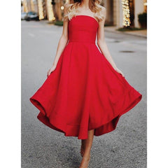 Strapless red a line midi dress off shoulder pleated dress Mssaz Desses