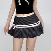 Stripe Print Pleated Aesthetic Lace Patchwork Style Streetwear Cute Sweet Skirt Mssza