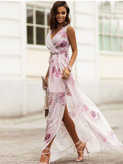 Chiffon Print Boho V-neck Sleeveless Holiday Party Dress Mssaz Desses