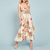Print Beach Dress Sweetheart Neck Strap Elegant Vintage Chiffon Midi Dress Mssaz Desses